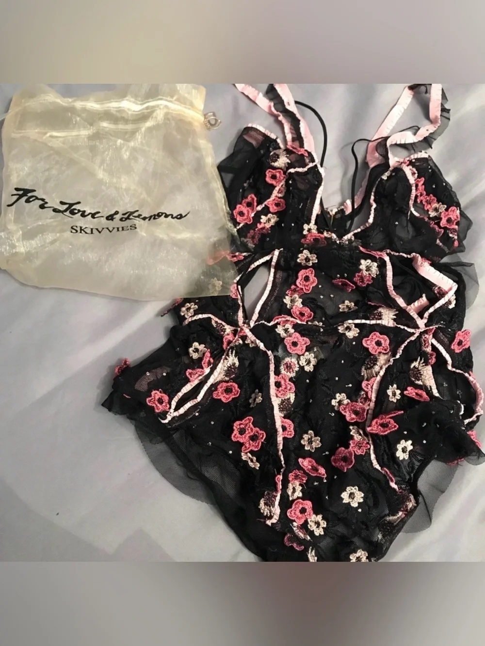 For Love And Lemons Black Sheer Floral Embroidered Chemise with Pink Accents